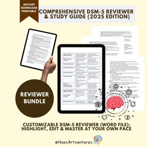 Op de afbeelding: Een digitale studiehandleiding voor de DSM-5, met een tablet en een document dat door een hand wordt vastgehouden. De gids bevat de tekst "Comprehensive DSM-5 Reviewer & Study Guide (2025 Edition)" en "Reviewer Bundle". De gids is aanpasbaar.