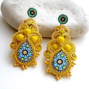 canary yellow bold dangle drop long stud statement earrings with Spanish azulejos for women anniversary gift ideas ALHAMBRA image 1