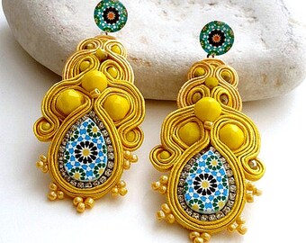 canary yellow bold dangle drop long stud statement earrings with Spanish azulejos for women anniversary gift ideas - ALHAMBRA