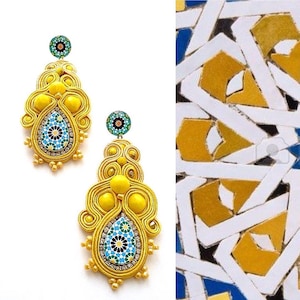canary yellow bold dangle drop long stud statement earrings with Spanish azulejos for women anniversary gift ideas ALHAMBRA image 3
