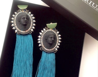 very long blue emerald tassel statement earrings , cameo bold soutache Aphrodite earrings , birthday gift for her