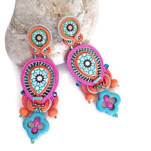 Bohemian colorful long earrings soutache , Portuguese Arab tile statement handmade earrings , boho wedding earrings , multicolored earrings