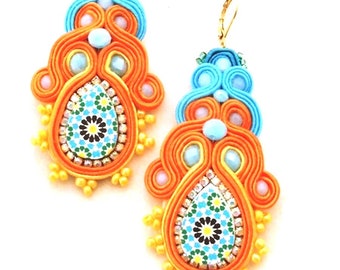 orange and turquoise long dangle drop statement soutache earrings with Spanish azulejos tile replica for women anniversary gift idea