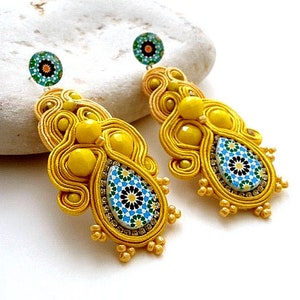 canary yellow bold dangle drop long stud statement earrings with Spanish azulejos for women anniversary gift ideas ALHAMBRA image 5