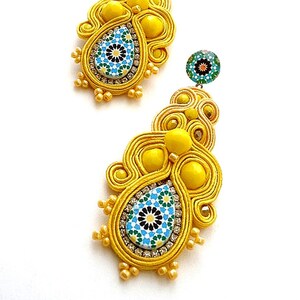 canary yellow bold dangle drop long stud statement earrings with Spanish azulejos for women anniversary gift ideas ALHAMBRA image 6