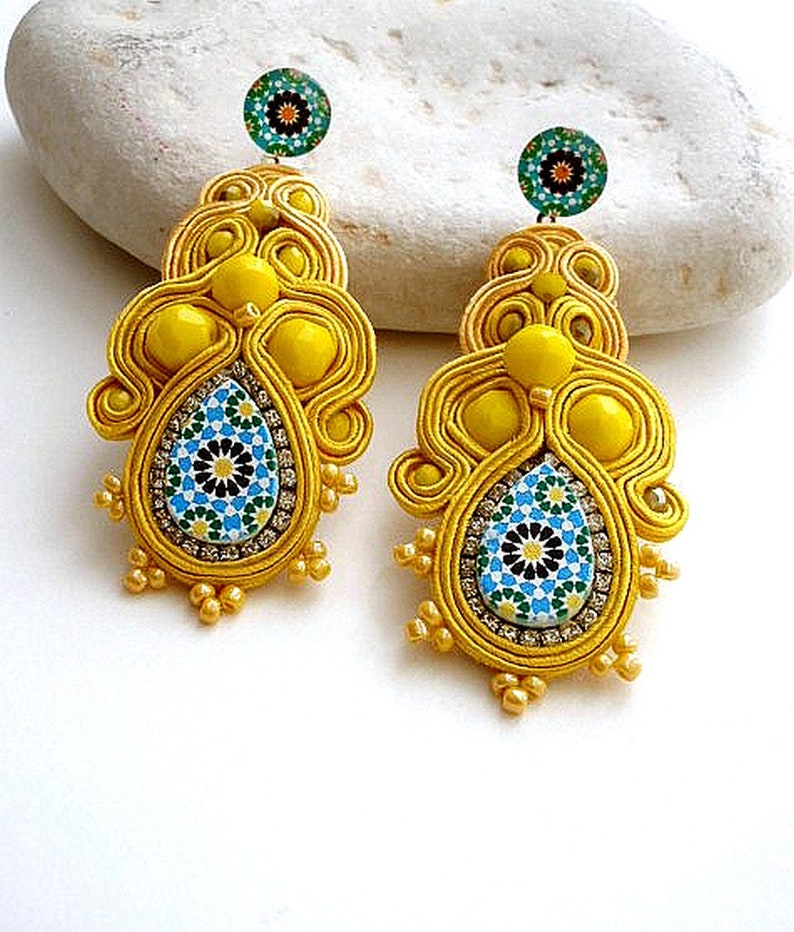 canary yellow bold dangle drop long stud statement earrings with Spanish azulejos for women anniversary gift ideas ALHAMBRA image 1