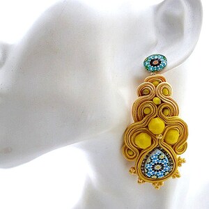 canary yellow bold dangle drop long stud statement earrings with Spanish azulejos for women anniversary gift ideas ALHAMBRA image 7