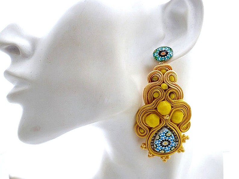 canary yellow bold dangle drop long stud statement earrings with Spanish azulejos for women anniversary gift ideas ALHAMBRA image 7