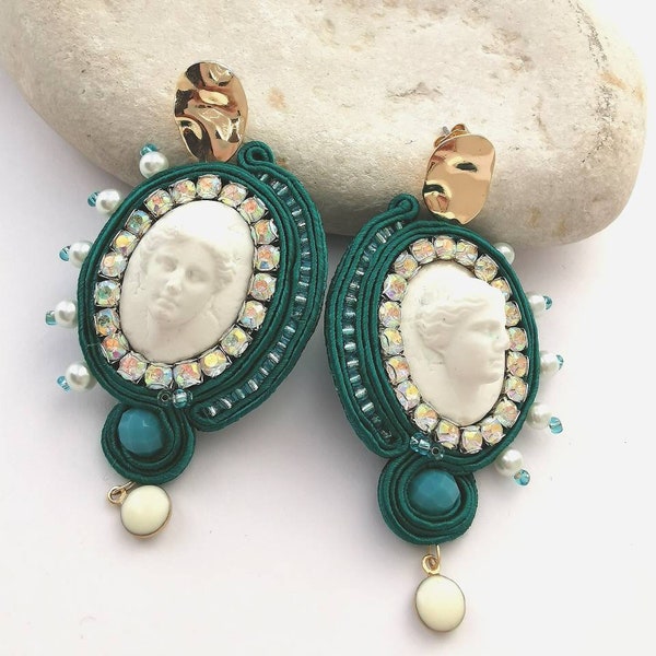 Aphrodite cameo leaf earrings, haute couture statement earrings, french handmade earrings