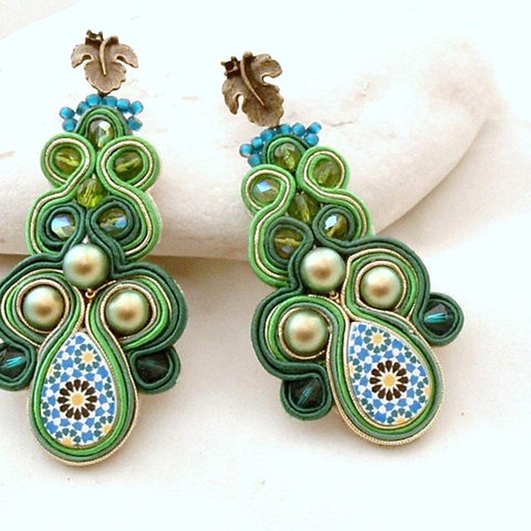 chandelier pearls leaf long soutache earrings , green emerald Spanish tile style jewelry , special gift for mom - CORFOU