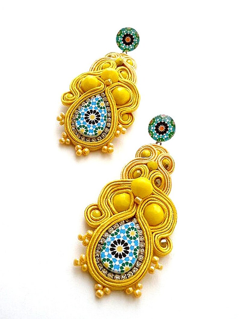 canary yellow bold dangle drop long stud statement earrings with Spanish azulejos for women anniversary gift ideas ALHAMBRA image 6