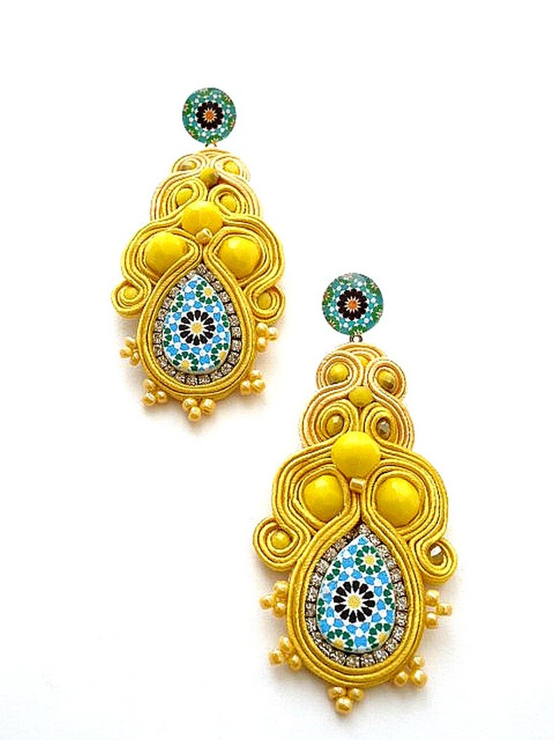 canary yellow bold dangle drop long stud statement earrings with Spanish azulejos for women anniversary gift ideas ALHAMBRA image 4