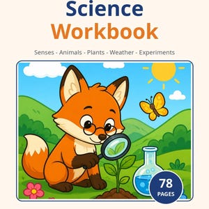Może przedstawiać: 78-stronicowy zeszyt ćwiczeń naukowych wydawnictwa SunrayViews Fun Learning Books. Okładka przedstawia rysunkowego lisa w okularach, który używa lupy do badania rośliny. Widoczny jest także motyl, słońce oraz kolba z niebieskim płynem.