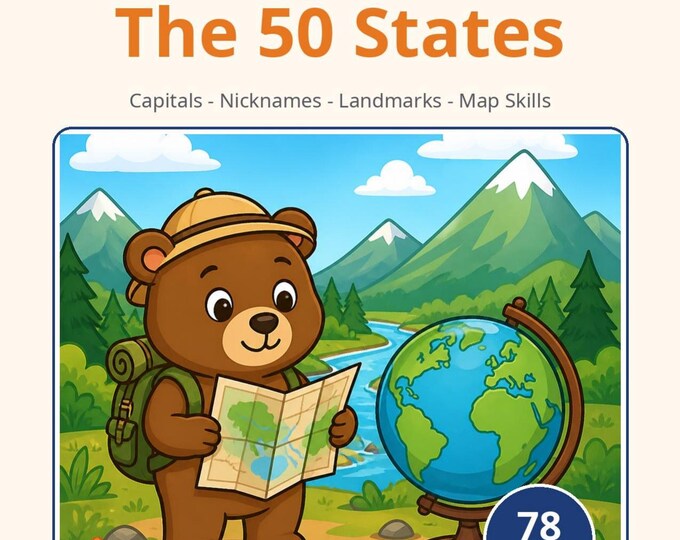 Geography Workbook for Kids | The 50 States, Capitals, Landmarks & Map Skills — Printable PDF, Ages 6-9
