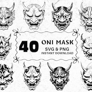 Oni Mask SVG PNG Bundle, Japanese Demon Mask Clipart, Samurai Warrior Cut Files, Oni Mask Cricut, Oni Mask Vector, Tattoo Svg, Tattoo Design