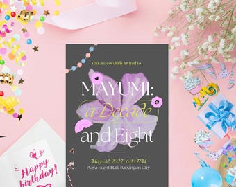 Einladung zur Geburtstagsparty mit Pfingstrose und Flieder Boho Geburtstag Frau einladen | Rosa und Lila Blumen | Frühlingsblumen | DIY bearbeitbare Vorlage
