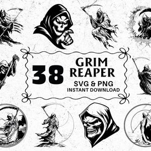 Grim Reaper SVG PNG Bundle, Scary Skeleton Reaper Silhouette, Halloween Death Scythe Cut Files, Gothic Skull Vector, Decal Designs, Crafts