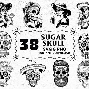 Sugar Skull Silhouette SVG PNG Bundle, Day of the Dead Clipart, Calavera Cut Files, Sugar Skull Cricut, Halloween Png, Sugar Skull Decals