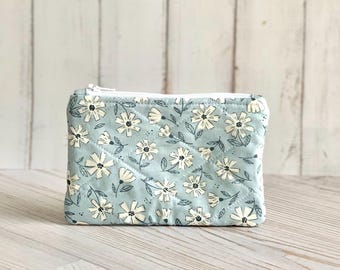 Flat Coin Purse Quilted Blue Floral Pouch Change Purse Small Card Holder