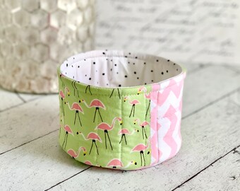 Medium Fabric Cup Pink Flamingos and Green Patchwork Fabric Basket Bucket