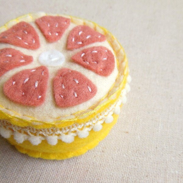 Felt Fruit Pincushion Embroidered Pink Grapefruit
