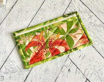 Medium Vinyl Pencil Case Lilies Peach and Green Project Bag Vinyl Zipper Pouch Small Card Holder