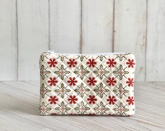 Flat Coin Purse Quilted Winter Snowflakes Pouch Change Purse Small Card Holder