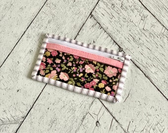 Small Vinyl Coin Purse Pink and Black Floral  Vinyl Zipper Pouch Small Card Holder