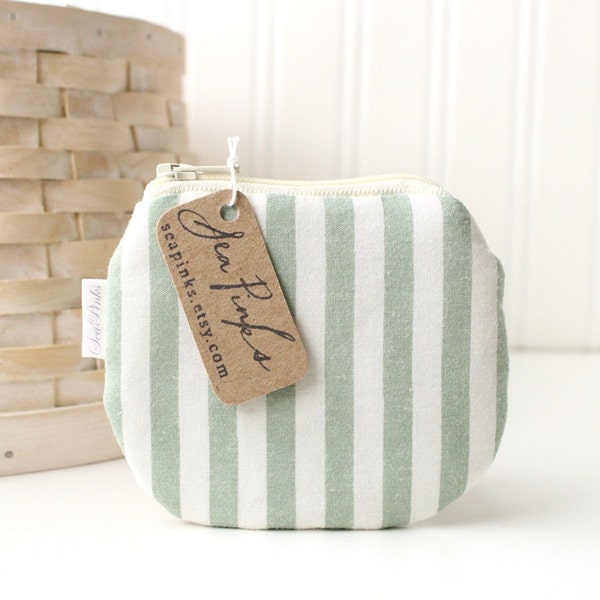 Mint Sage Green and White Stripes Cotton Coin Purse Small Zipper Pouch