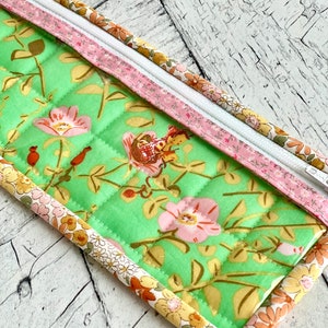 Long Vinyl Project Bag Pink and Green Bees Vinyl Zipper Pouch Small Card Holder image 3