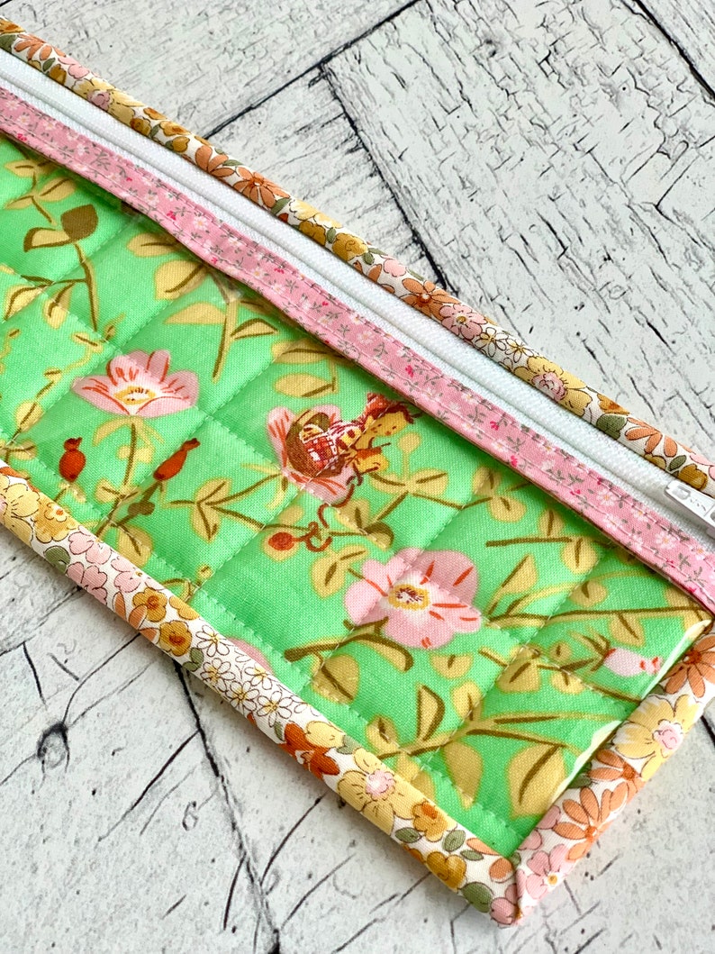 Long Vinyl Project Bag Pink and Green Bees Vinyl Zipper Pouch Small Card Holder image 3