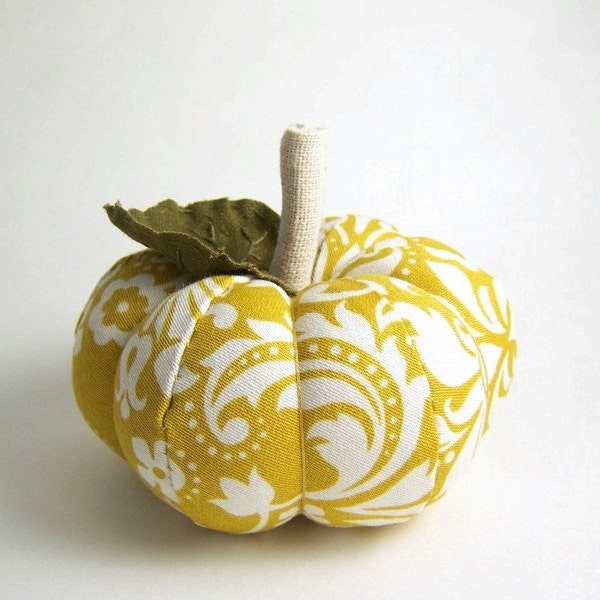 Dijon Yellow Pumpkin Pincushion with Leaf