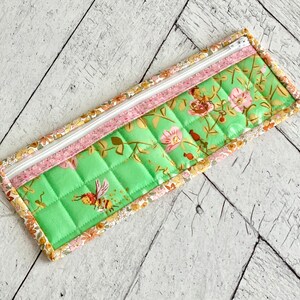 Long Vinyl Project Bag Pink and Green Bees Vinyl Zipper Pouch Small Card Holder image 1