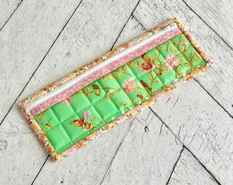 Long Vinyl Project Bag Pink and Green Bees Vinyl Zipper Pouch Small Card Holder