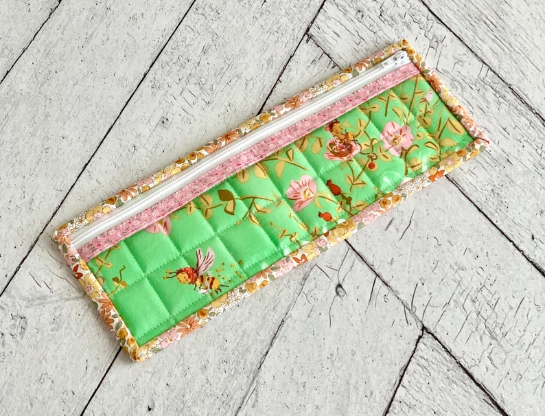 Long Vinyl Project Bag Pink and Green Bees Vinyl Zipper Pouch Small Card Holder image 1