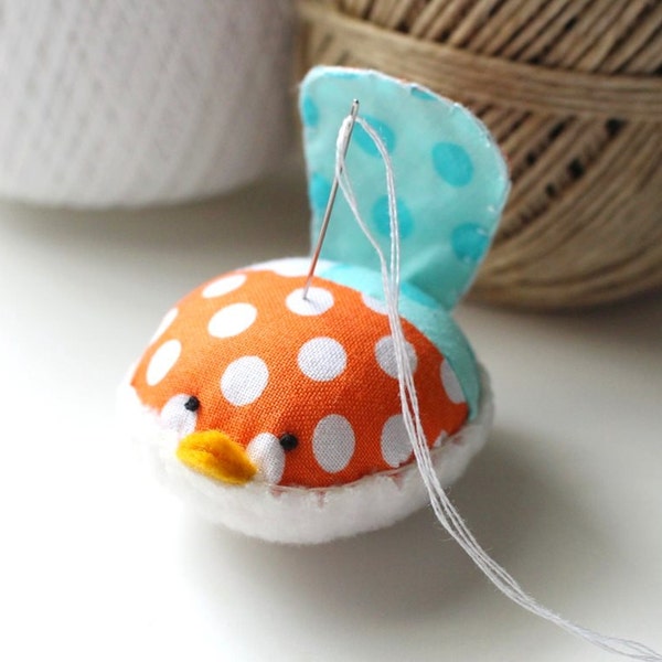 Turquoise Aqua Blue and Orange Polka Dots Bird Pincushion