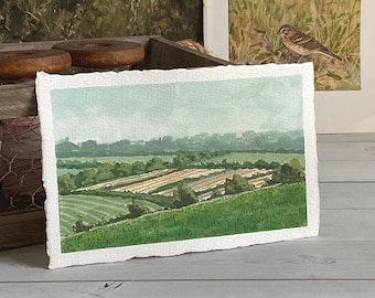Farm Painting Original Art Pastoral Scene Gouache 6x4 Home Decor