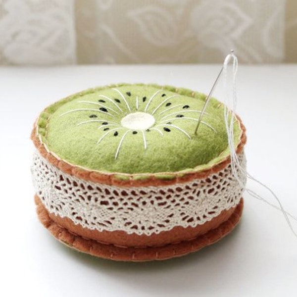 Green and Brown Embroidered Kiwi Fruit Felt Pincushion