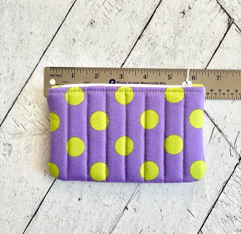 Quilted Coin Purse Purple and Green Polka Dot Cute Coin Pouch Change Purse Small Card Holder Zipper Pouch image 4