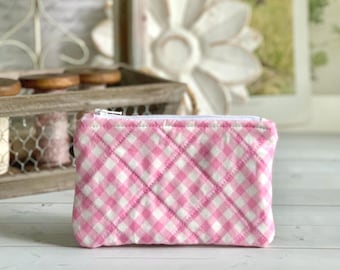 Flat Coin Purse Quilted Pink Plaid Pouch Change Purse Small Card Holder