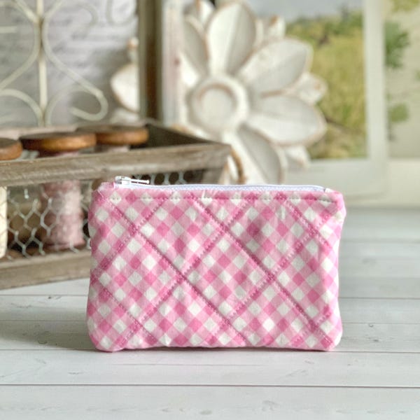 Flat Coin Purse Quilted Pink Plaid Pouch Change Purse Small Card Holder
