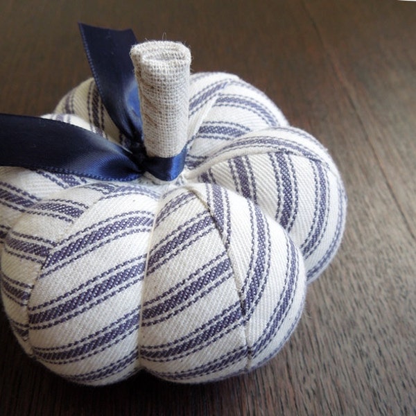 Classic Blue Cotton Ticking Pumpkin Pincushion