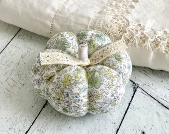 Pumpkin Pincushion Green and Gray Floral Pumpkin Fall Decor Halloween