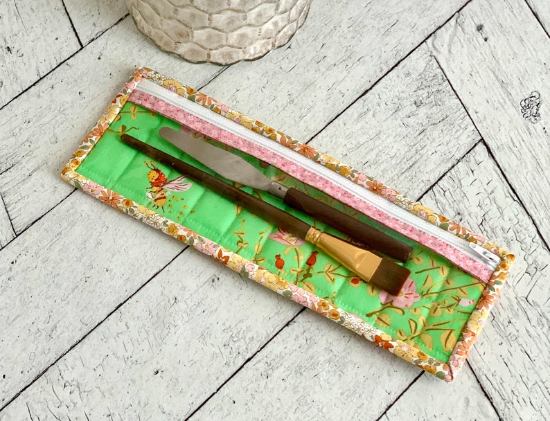 Long Vinyl Project Bag Pink and Green Bees Vinyl Zipper Pouch Small Card Holder image 4