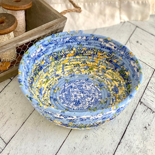 Rope Bowl Rope Basket Blue and Yellow Florals