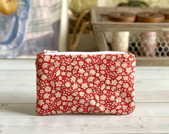 Flat Coin Purse Quilted Red Floral Pouch Change Purse Small Card Holder