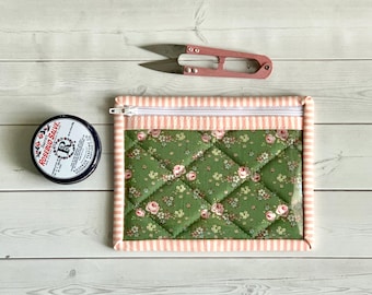 Small Vinyl Coin Purse Pink and Green Floral Window Zipper Pouch Card Holder