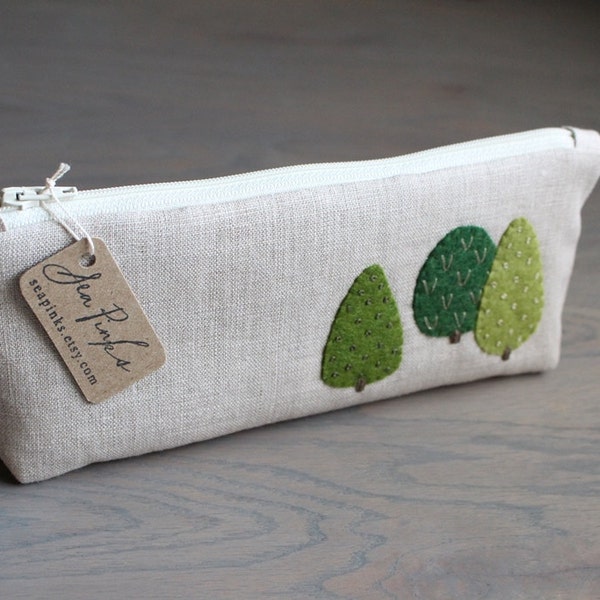 Linen Pencil Case with Embroidered Fel Green Trees Long Zipper Pouch