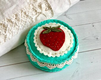 Felt Pincushion Red and Blue Strawberry Embroidered Wool Felt Pin Cushion Pin Keep