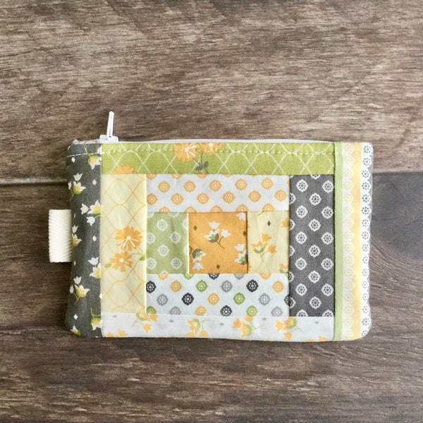 Patchwork Coin Purse Cute Yellow Green and Gray Change Purse Small Card Holder Zipper Pouch